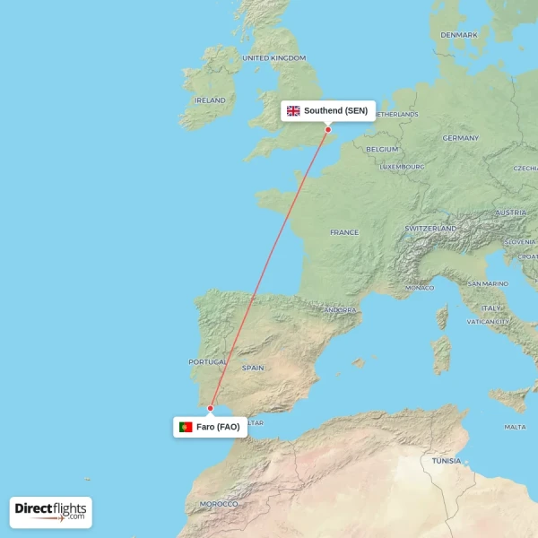 Faro - Southend direct flight map