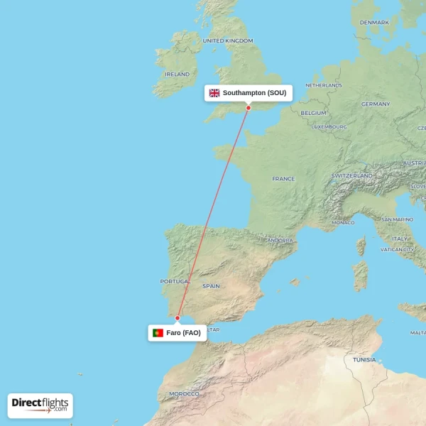 Faro - Southampton direct flight map