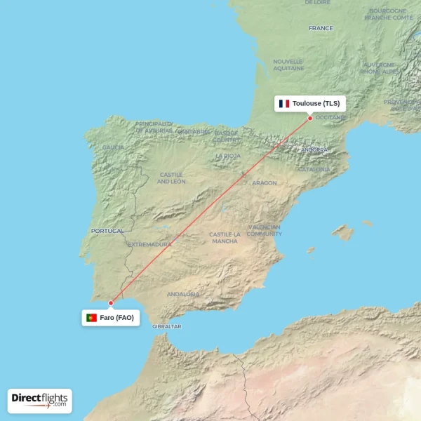 Faro - Toulouse direct flight map