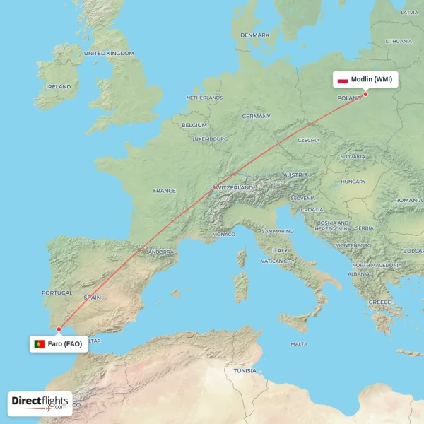 Faro - Modlin direct flight map