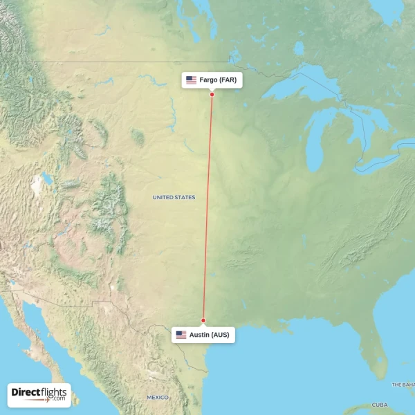 Fargo - Austin direct flight map