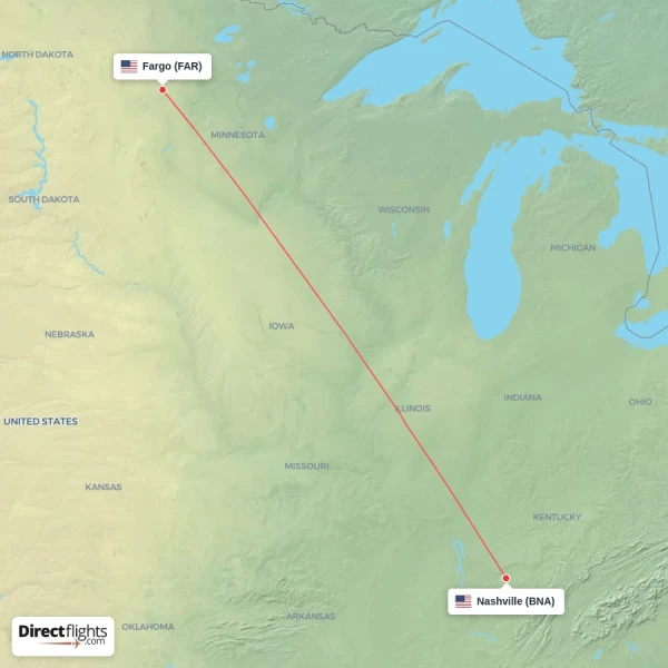 Fargo - Nashville direct flight map