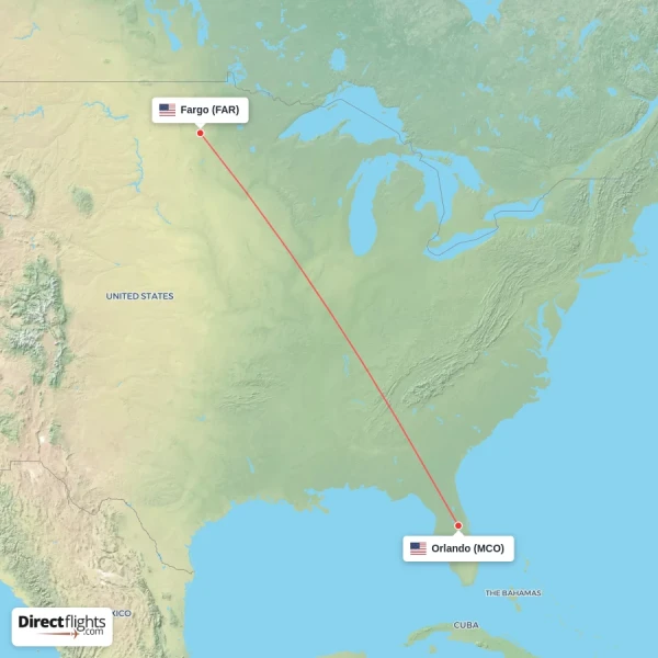 Fargo - Orlando direct flight map