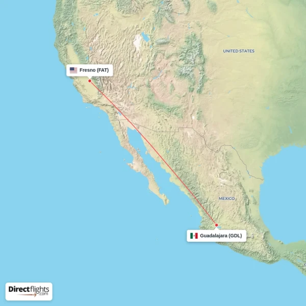 Fresno - Guadalajara direct flight map