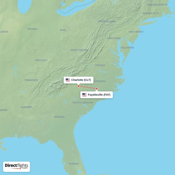 Fayetteville - Charlotte direct flight map