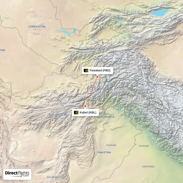 Faizabad - Kabul direct flight map