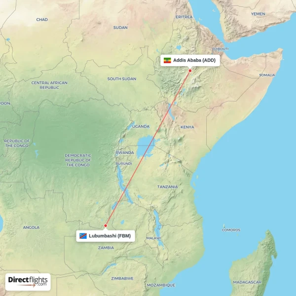 Lubumbashi - Addis Ababa direct flight map