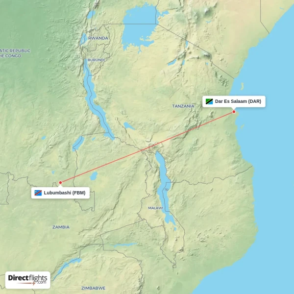 Lubumbashi - Dar Es Salaam direct flight map