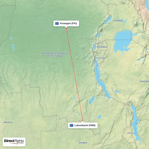 Lubumbashi - Kisangani direct flight map