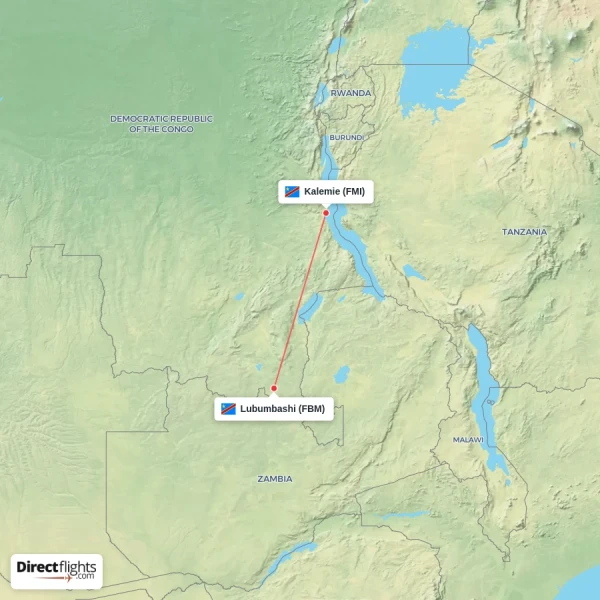 Lubumbashi - Kalemie direct flight map