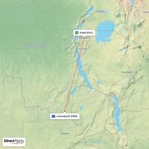 Lubumbashi - Kigali direct flight map
