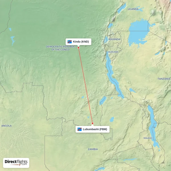 Lubumbashi - Kindu direct flight map