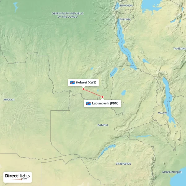 Lubumbashi - Kolwezi direct flight map