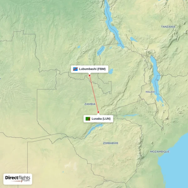 Lubumbashi - Lusaka direct flight map