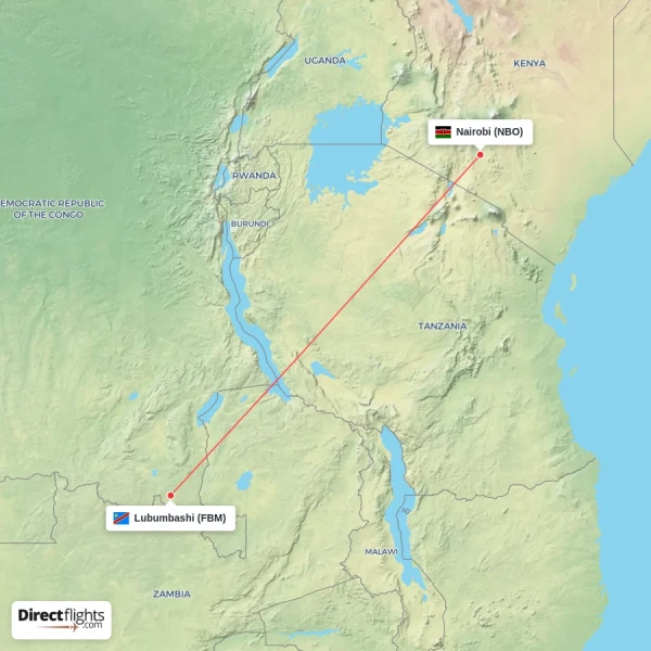 Lubumbashi - Nairobi direct flight map