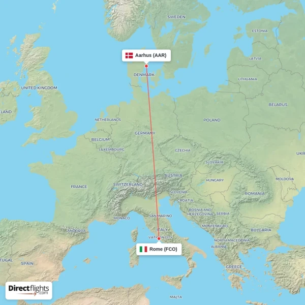 Rome - Aarhus direct flight map
