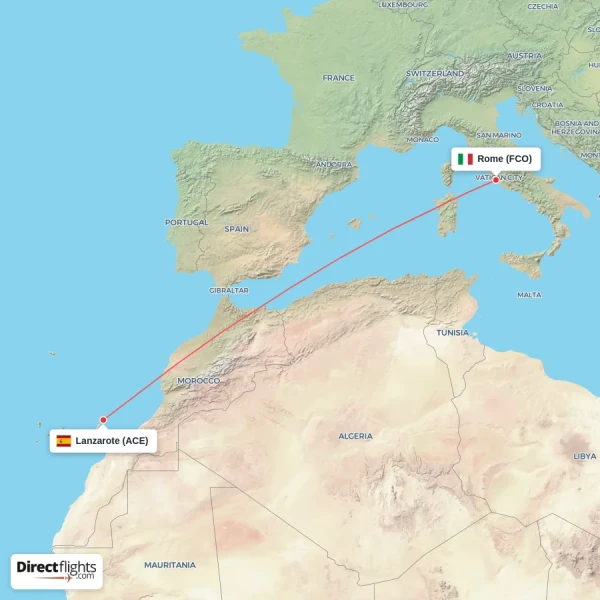 Rome - Lanzarote direct flight map