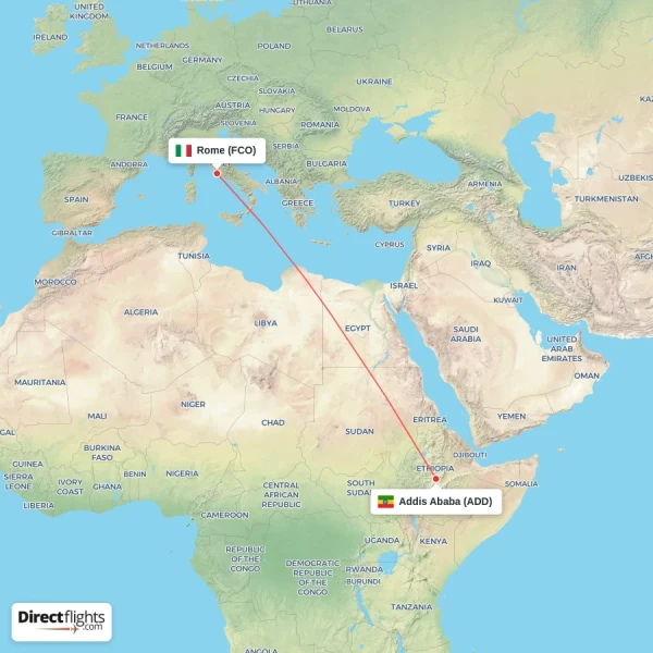 Rome - Addis Ababa direct flight map