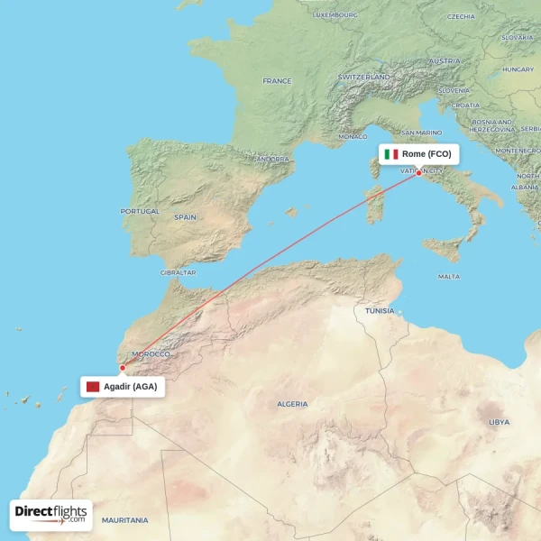 Rome - Agadir direct flight map