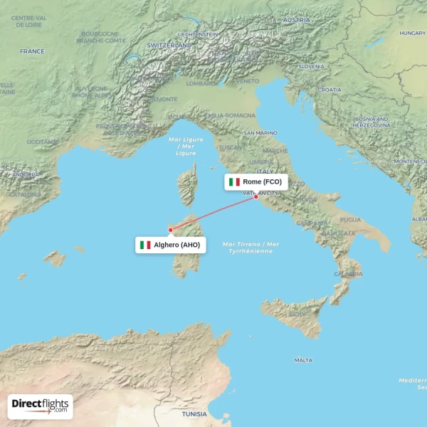 Rome - Alghero direct flight map