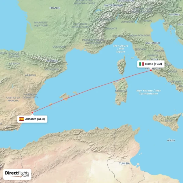 Rome - Alicante direct flight map