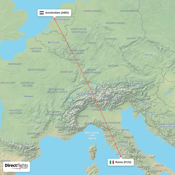 Rome - Amsterdam direct flight map