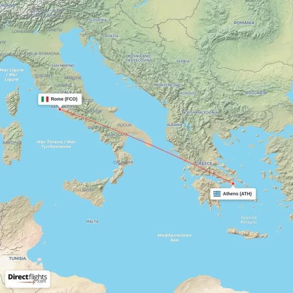 Rome - Athens direct flight map