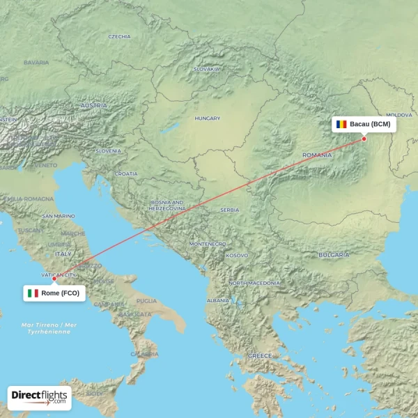 Rome - Bacau direct flight map