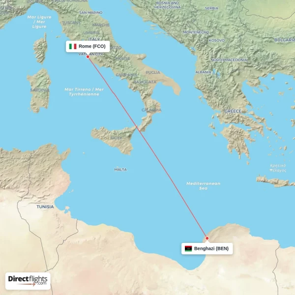 Rome - Benghazi direct flight map