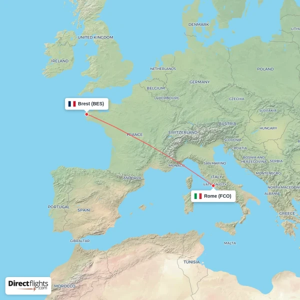 Rome - Brest direct flight map