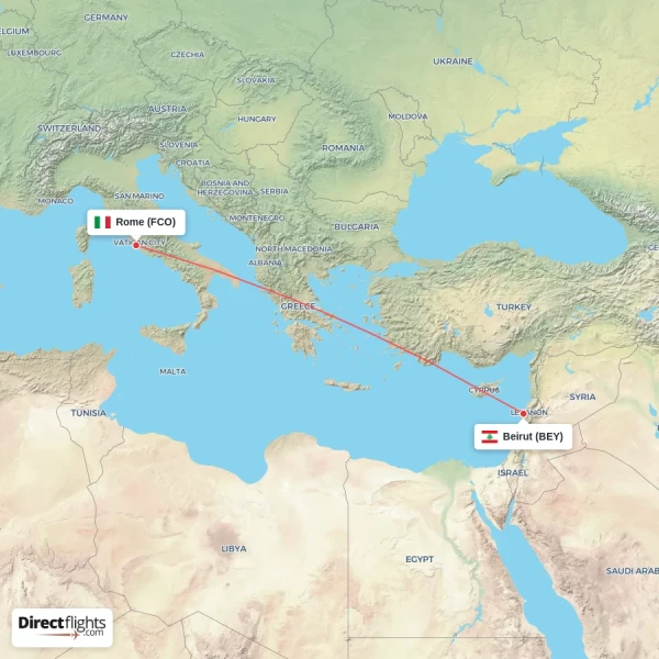 Rome - Beirut direct flight map