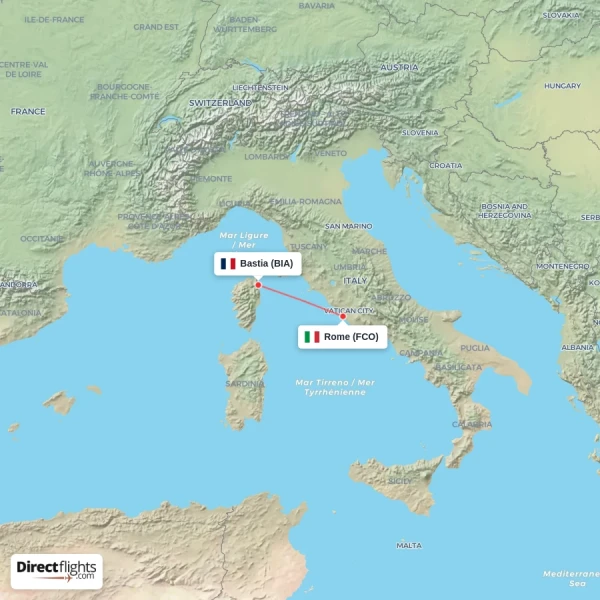 Rome - Bastia direct flight map