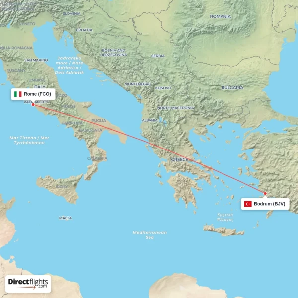 Rome - Bodrum direct flight map