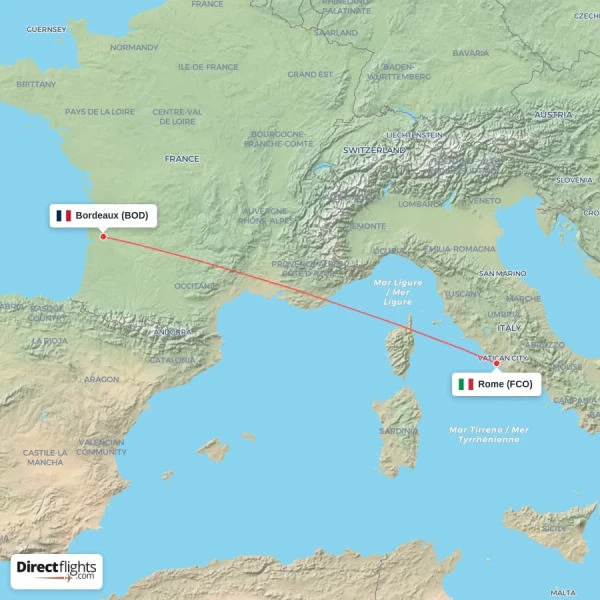 Rome - Bordeaux direct flight map