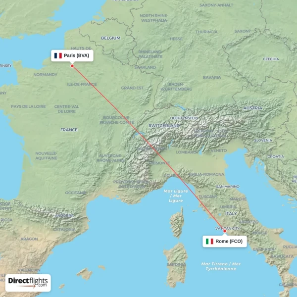 Rome - Paris direct flight map
