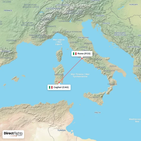 Rome - Cagliari direct flight map