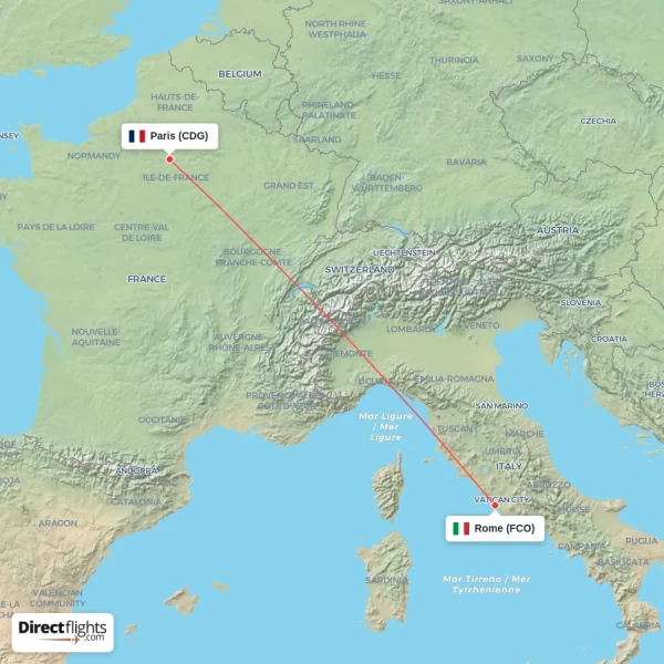 Rome - Paris direct flight map