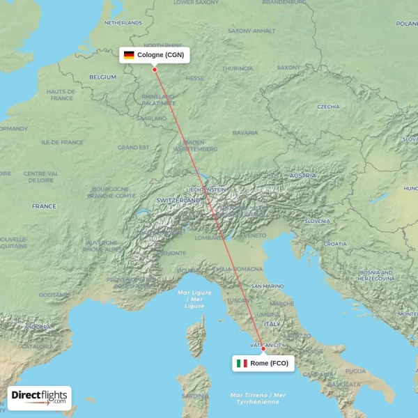 Rome - Cologne direct flight map