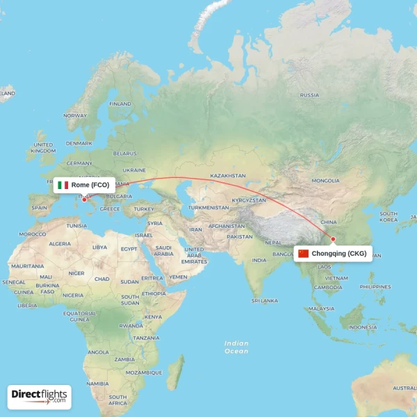 Rome - Chongqing direct flight map