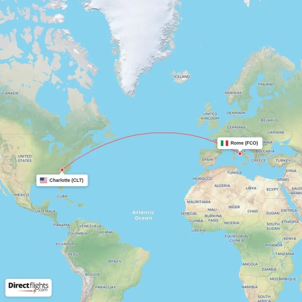 Rome - Charlotte direct flight map