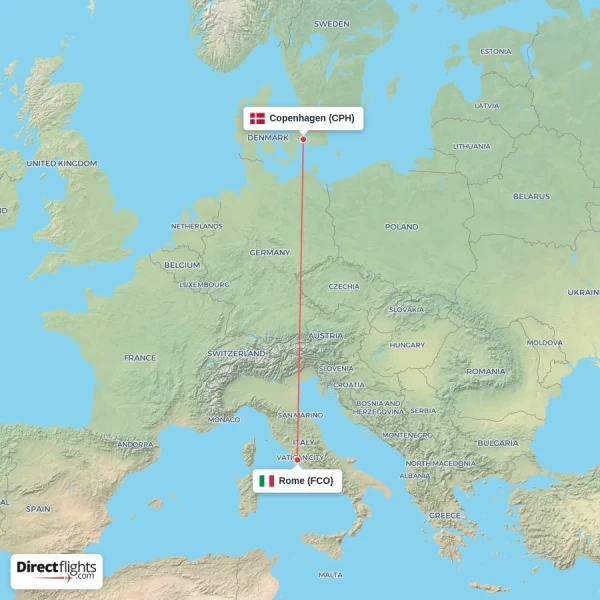 Rome - Copenhagen direct flight map
