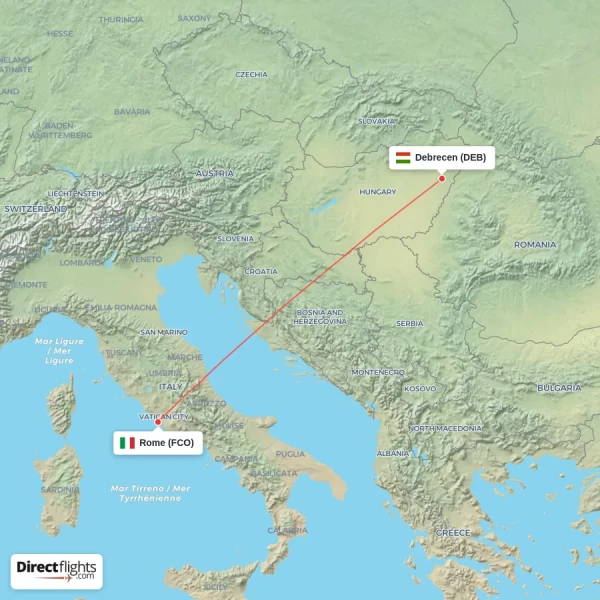 Rome - Debrecen direct flight map