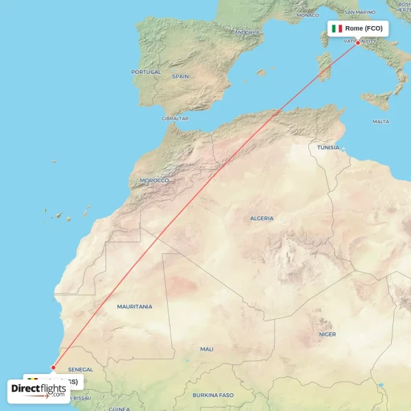 Rome - Dakar direct flight map