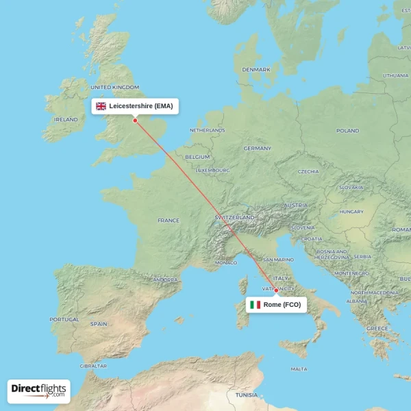 Rome - Leicestershire direct flight map