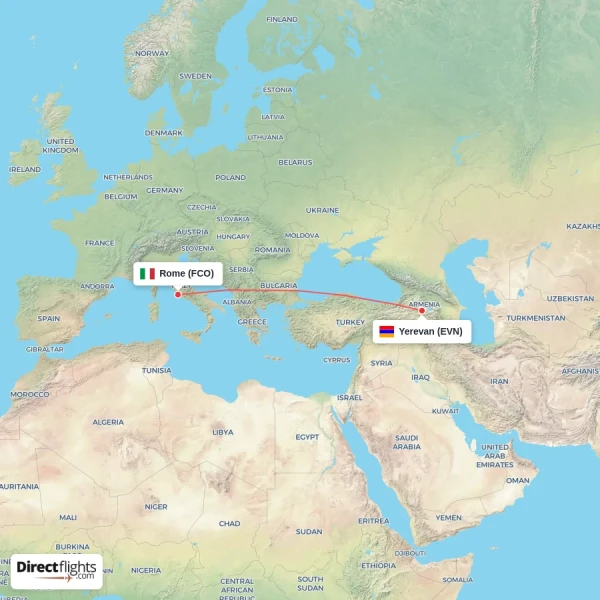 Rome - Yerevan direct flight map