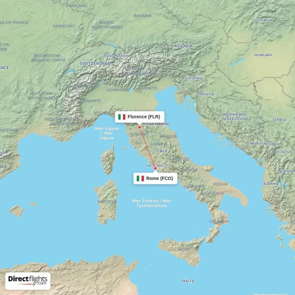 Rome - Florence direct flight map