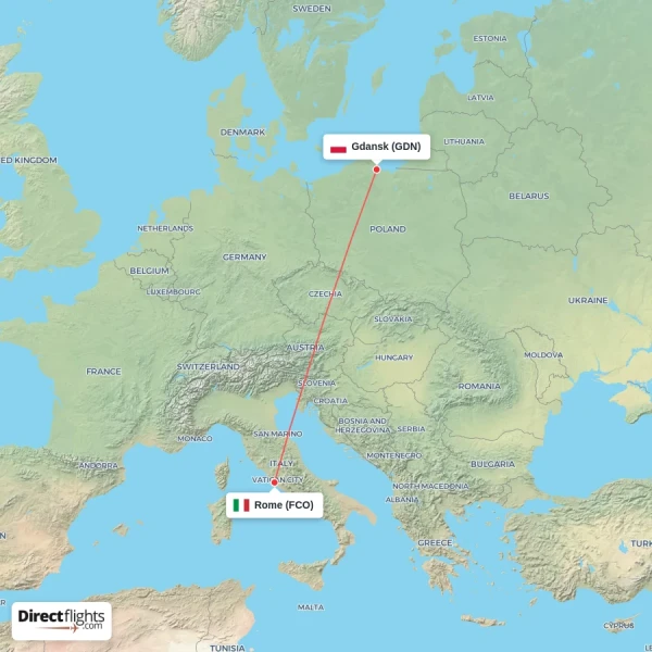 Rome - Gdansk direct flight map