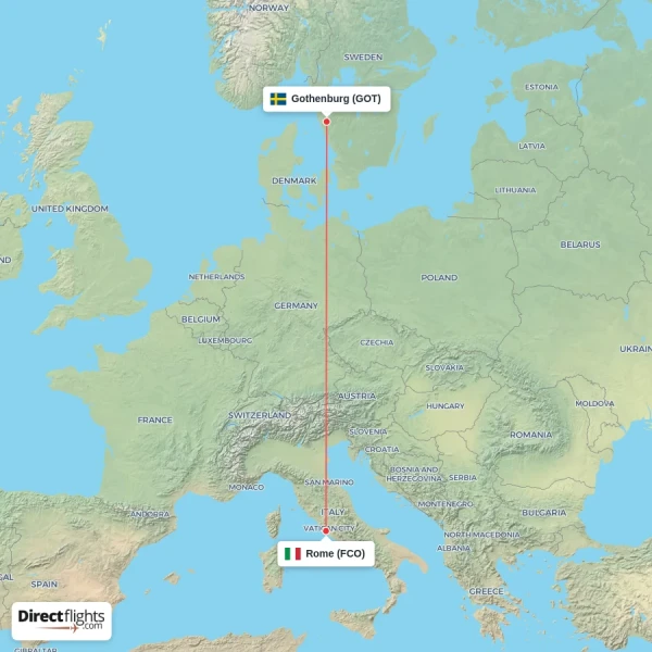 Rome - Gothenburg direct flight map