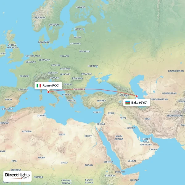 Rome - Baku direct flight map