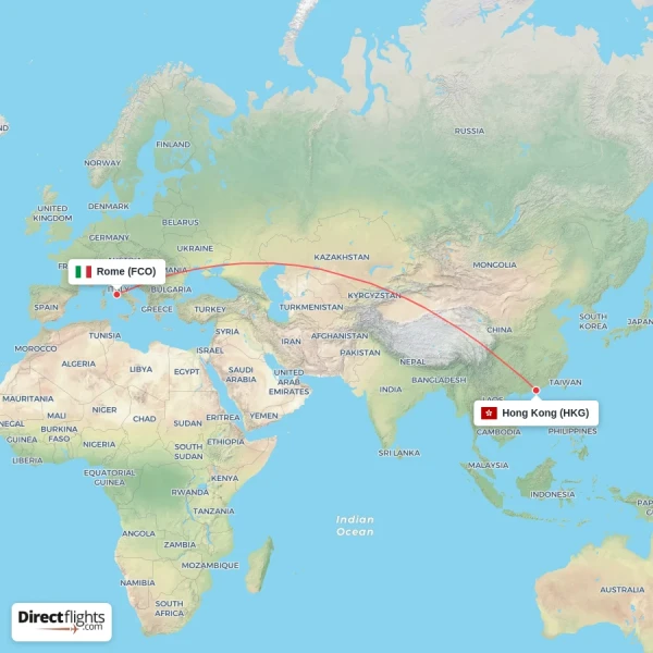 Rome - Hong Kong direct flight map
